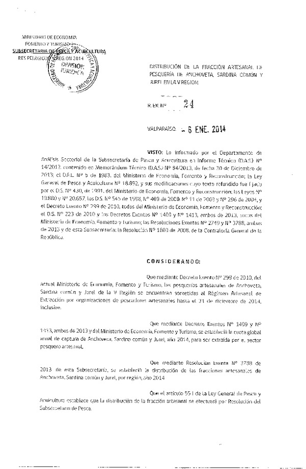 R EX Nº 24-2014 Distribución de la Fracción Artesanal cuota anual de captura Anchoveta Sardina común y Jurel, V Región. (F.D.O. 14-01-2014)