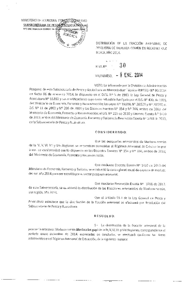 R EX Nº 30-2014 Distribución de la Fracción artesanal Pesquería de Merluza común entre la IV-V-VI-VII-VIII Región. (F.D.O. 17-01-2014)