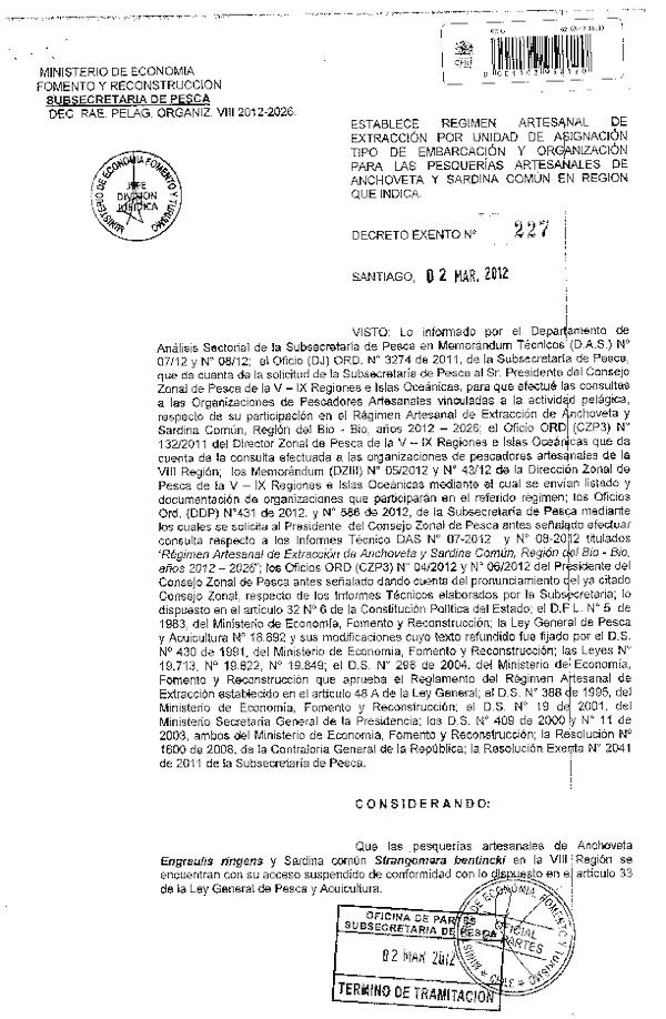 D EX Nº 227-2012 Establece Régimen Artesanal de Extracción por unidad de asignación Anchoveta y Sardina común, VIII Región.