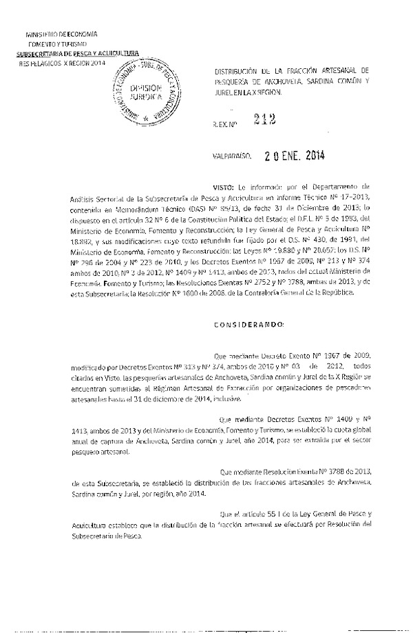 R EX Nº 212-2014 Distribución de la Fracción Artesanal de Pesquería de Anchoveta, Sardina Común y Jurel en la X Región (F.D.O. 23-01-2014)