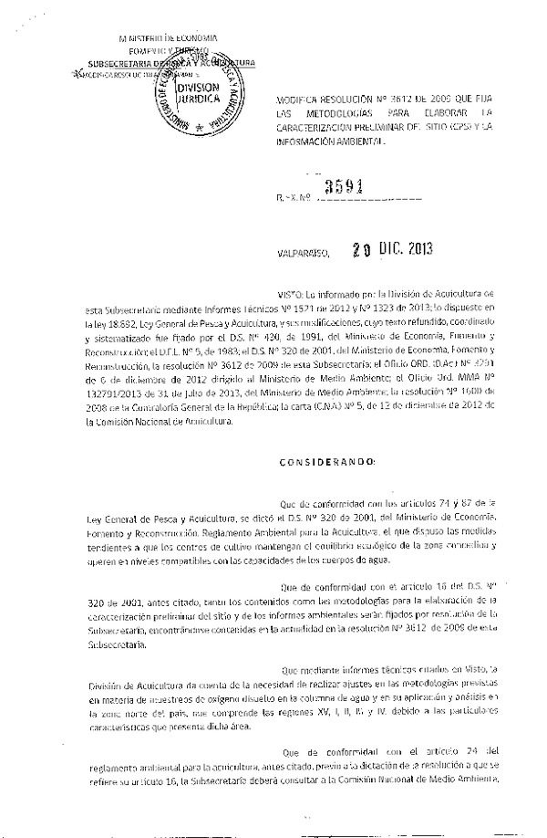 R EX Nº 3591-2013 Modiifca R EX Nº 3612-2009 que Fija las Metodologías para Elaborar la Caracterización Preliminar de Sitio (CPS) y la Información Ambiental (INFA). (F.D.O. 17-01-2014)