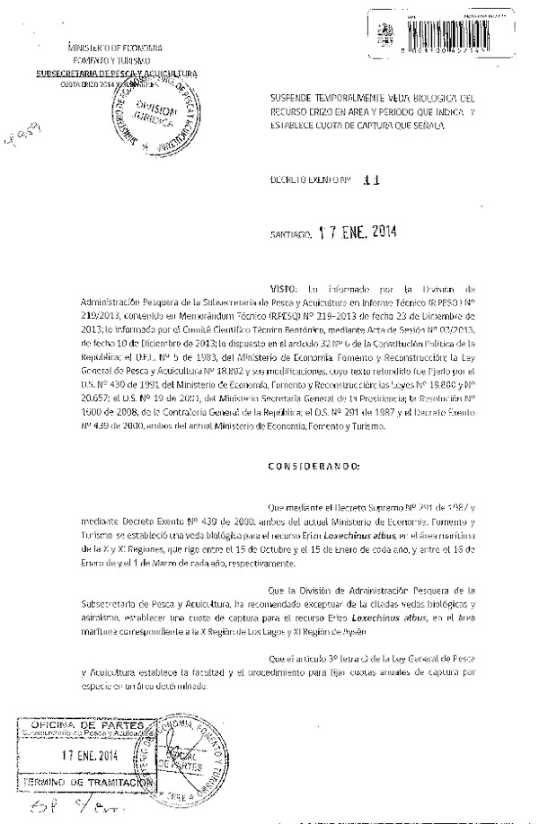 D EX Nº 11-2014 Suspende temporalmente Veda Biológica recurso Erizo X-XI Región. (F.D.O. 23-01-2014)