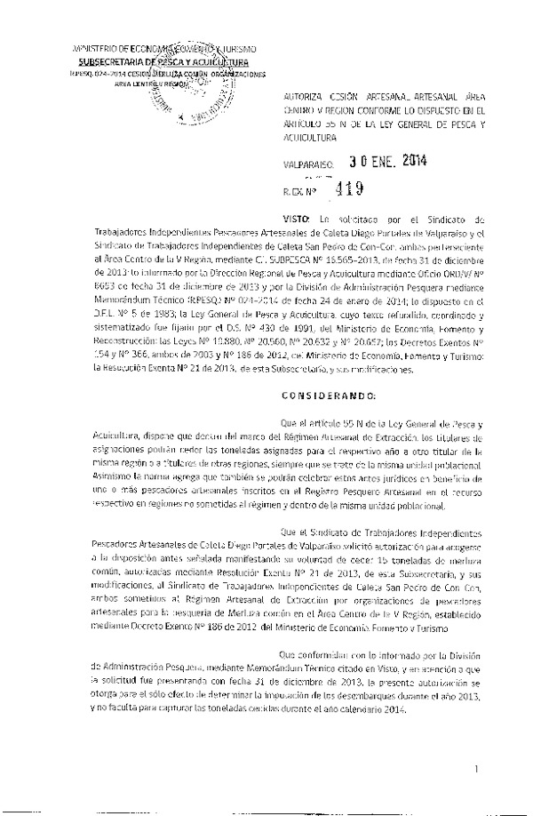 R EX Nº 419-2014 Autoriza Cesión Recurso Merluza del común V Región.