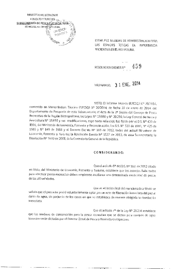 R EX Nº 459-2014 Establece Medidas de Administración para las especies deL Río Molina Región Metropolitana.(F.D.O. 07-02-2014)