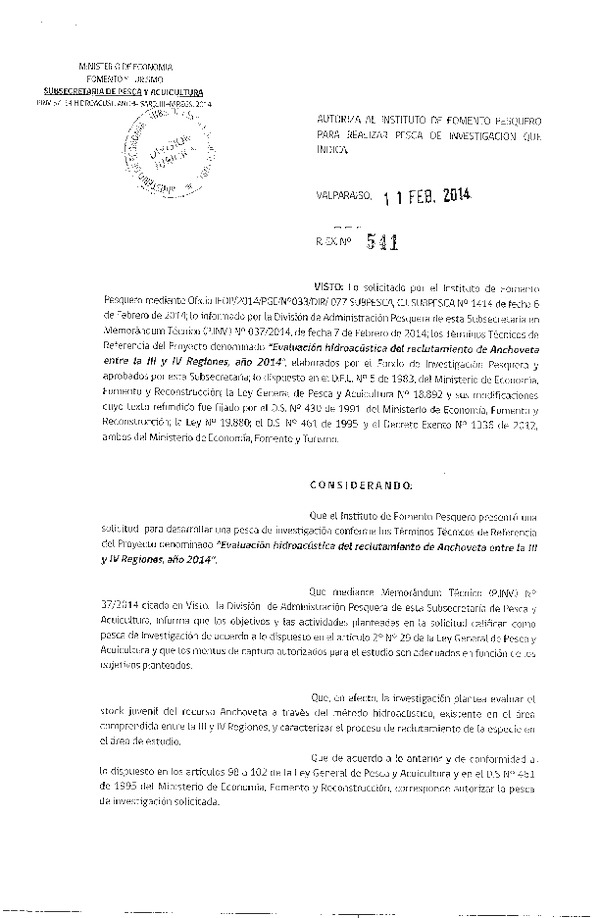 R EX Nº 541-2014 Evaluación Hidroacústica del Reclutamiento de Anchoveta entre la III-IV Región.