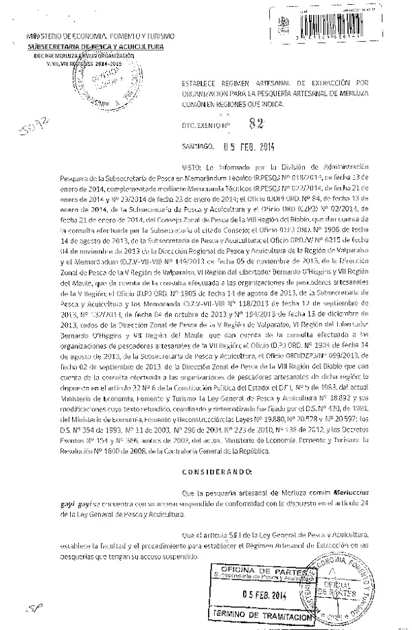 D EX Nº 82-2014 Establece Régimen Artesanal de Extracción por Organización, pesquería Artesanal de Merluza común, V-VII-VIII Región.
