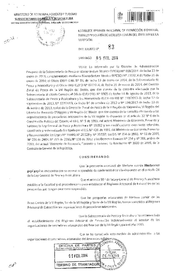 D EX Nº 83-2014 Establece Régimen Artesanal de Extracción Individual, pesquería Artesanal de Merluza común, Área sur de la VII Región.