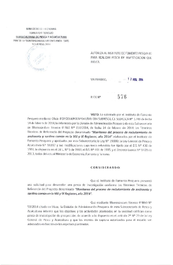 R EX Nº 576-2014 Monitoreo de Reclutamiento de Anchoveta y Sardina común, entre la VIII-IX Región.