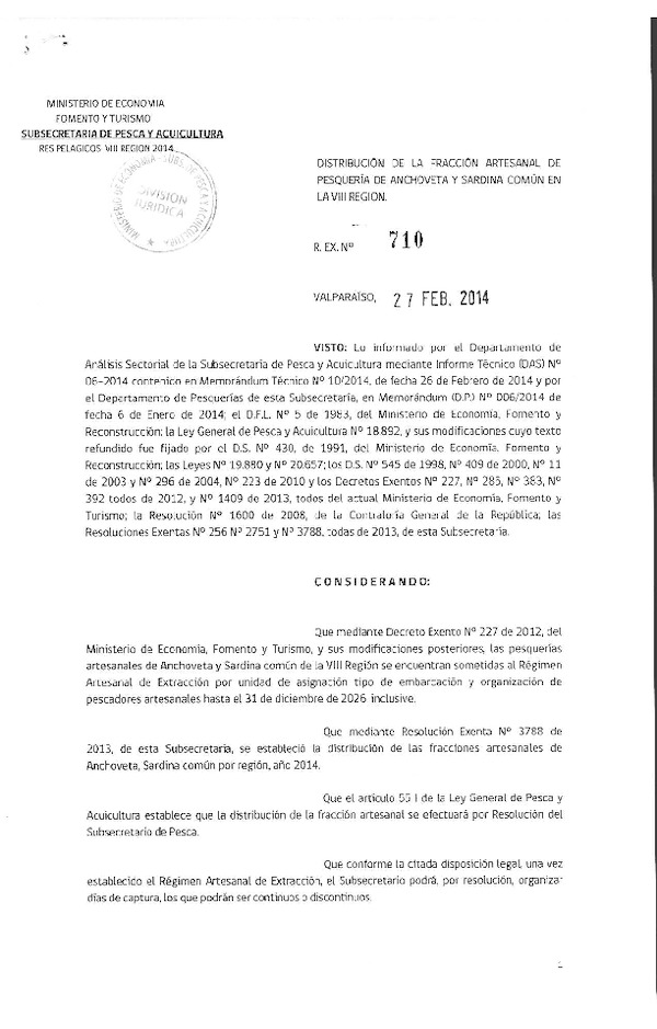 R EX N° 710-2014 Distribución de la Fracción Artesanal de Pesquería de Anchoveta y Sardina Común, en la VIII Región.
