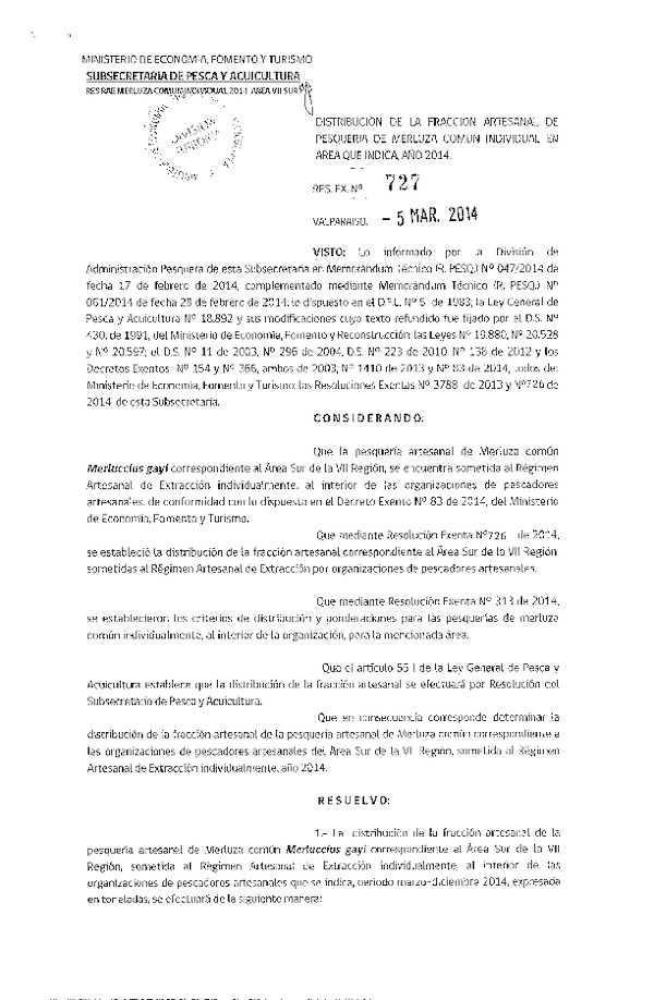R EX Nº 727-2014 Distribución de la Fracción artesanal Pesquería de Merluza común Individual área VII Sur.