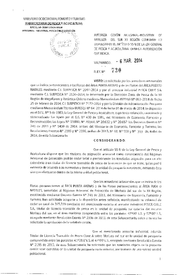 R EX N° 730-2014 Autoriza Cesión Recurso Merluza del sur XII Región.