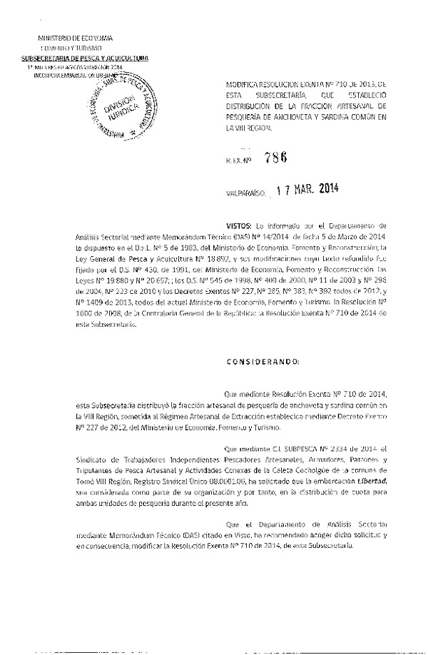 R EX N° 786-2014 Modifica R EX N° 710-2013, Distribución de la Fracción Artesanal de Pesquería de Anchoveta y Sardina Común, en la VIII Región.