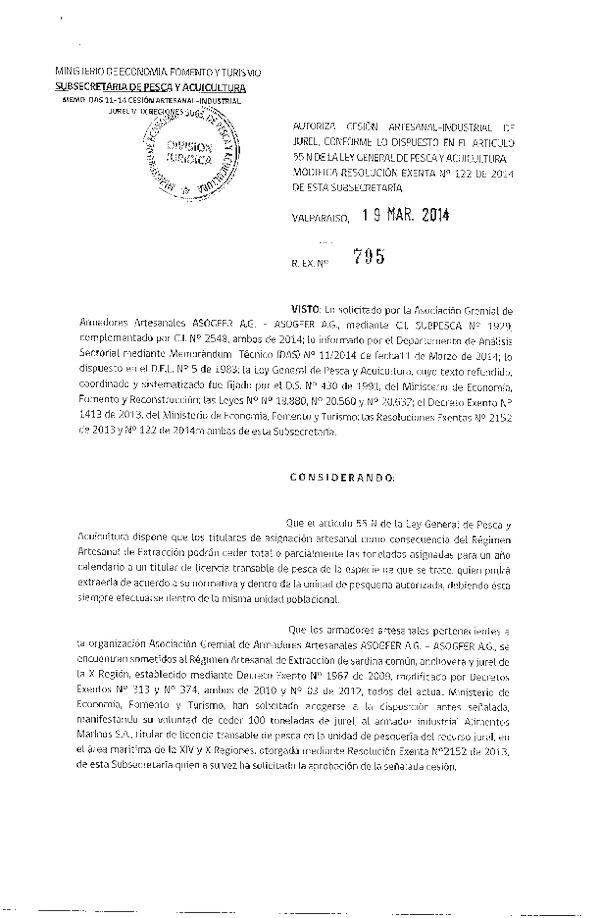 R EX N° 795-2014 Autoriza Cesión Recurso Jurel V-IX Región.