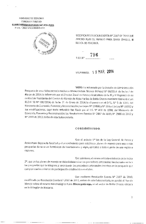 R EX N° 796-2014 Modifica R EX Nº 2187-2010 Aprueba Plan de Manejo para Bahía Chasco III Región. (F.D.O. 25-03-2014)