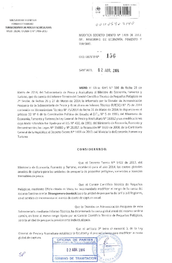 D EX N° 156-2014 Modifica D EX Nº 1409-2013 Establece cuotas de captura de sardina común V-X (F.D.O. 03-04-2014)