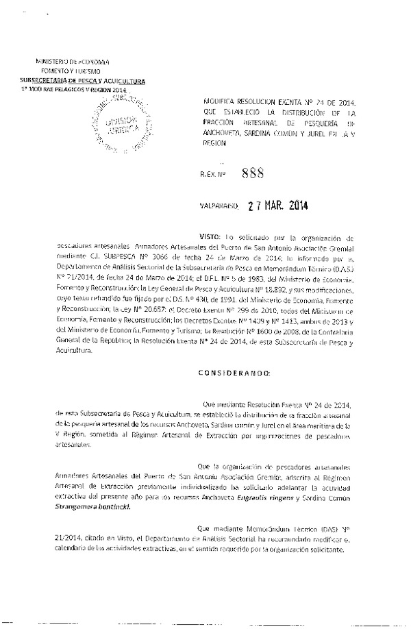 R EX N° 888-2014 Modifica R EX Nº 24-2014 Distribución de la Fracción Artesanal cuota anual de captura Anchoveta Sardina común, V Región. (F.D.O. 04-04-2014)