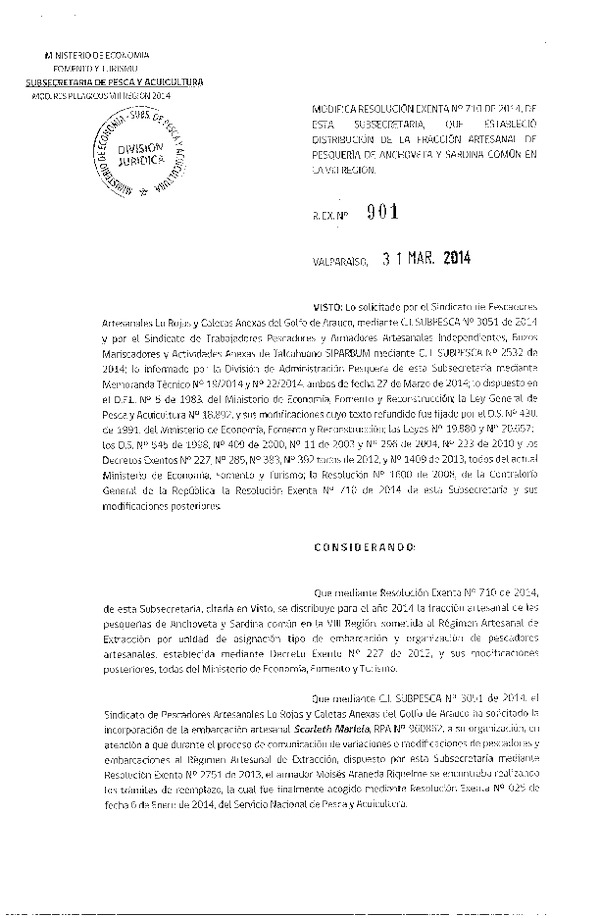 R EX N° 901-2014 Modifica R EX N° 710-2014 Distribución de la Fracción Artesanal de Pesquería de Anchoveta y Sardina Común, en la VIII Región. (F.D.O. 05-04-2014)