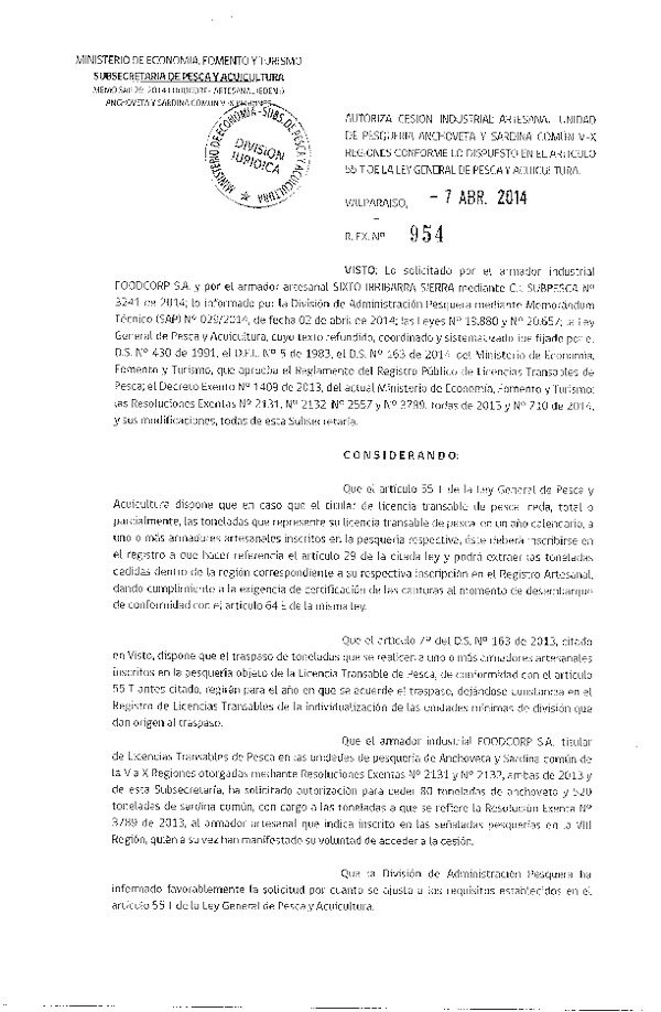 R EX N° 954-2014 Autoriza Cesión Recurso Sardina común y Anchoveta, V-X Región.