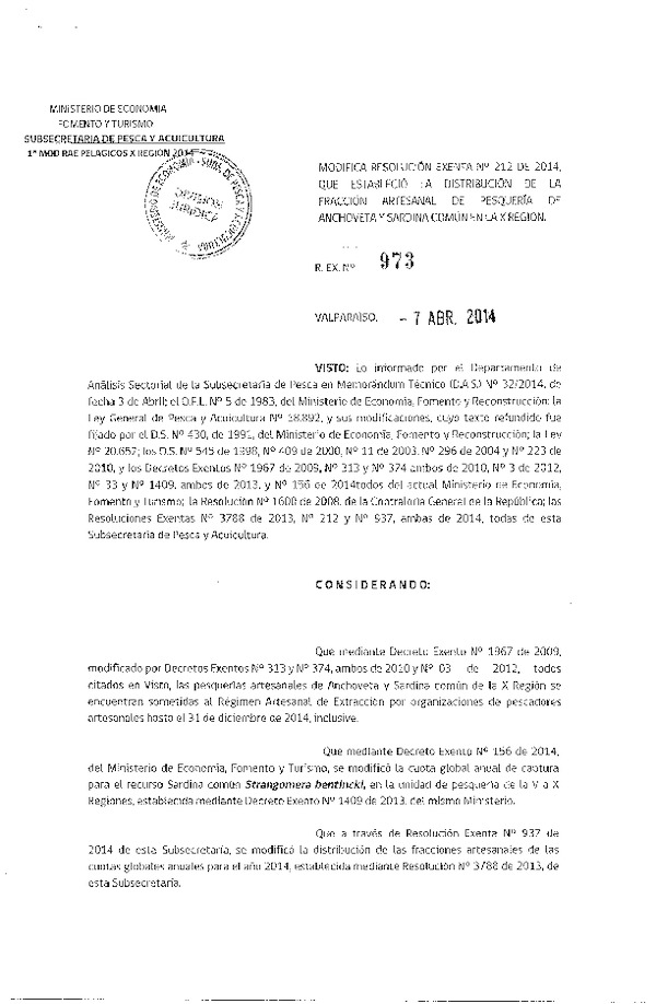 R EX 973-2014 Modifica R EX Nº 212-2014 Distribución de la Fracción Artesanal de Anchoveta y Sardina Común X Reg. (Subida a la Pag. Web el 08-04-2014)