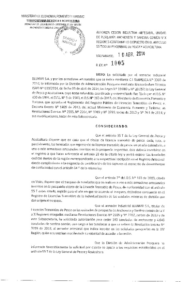 R EX N° 1005-2014 Autoriza Cesión Recurso Sardina común y Anchoveta, V-X a XIV Región.