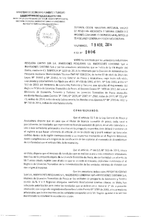 R EX N° 1006-2014 Autoriza Cesión Recurso Sardina común y Anchoveta, V-X a VIII Región.