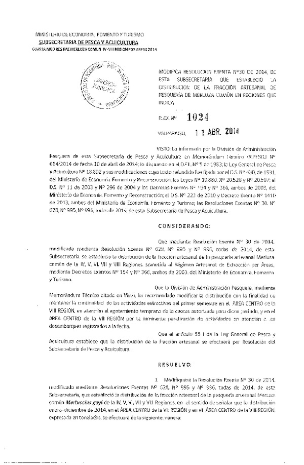 R EX N° 1024-2014 Modifica R EX Nº 30-2014 Distribución de la Fracción artesanal Pesquería de Merluza común entre la IV-V-VI-VII-VIII Región. (Subida a Pag. Web 11-04-2014)