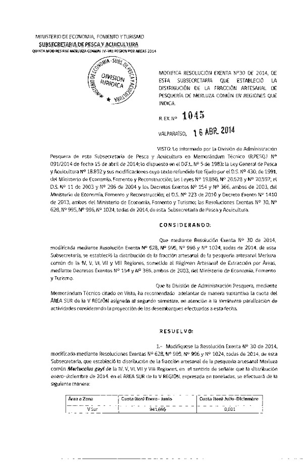 R EX N° 1045-2014 Modifica R EX Nº 30-2014 Distribución de la Fracción artesanal Pesquería de Merluza común entre la IV-V-VI-VII-VIII Región. (Subida a Pag. Web 16-04-2014)
