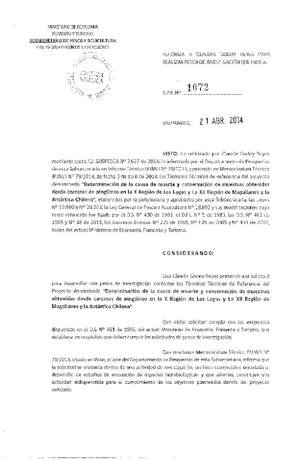 R EX N° 1072-2014 Determinación de la Causa de muerte y conservación de muestras obtenidas de carcasas de Pinüinos en la X y XII Región.