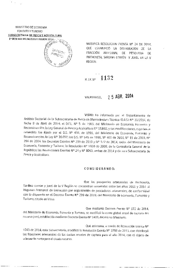 R EX N° 1132-2014 Modifica R EX Nº 24-2014 Distribución de la Fracción Artesanal cuota anual de captura Anchoveta Sardina común y Jurel, V Región. (Subida a Pag. Web. 25-04-2014)
