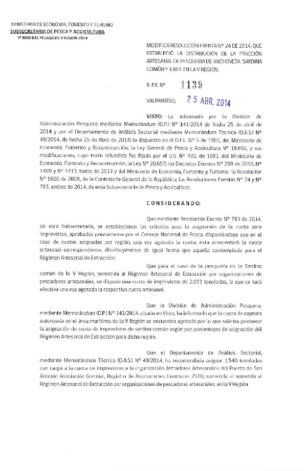 R EX N° 1139-2014 Modifica R EX Nº 24-2014 Distribución de la Fracción Artesanal cuota anual de captura Anchoveta Sardina común y Jurel, V Región. (Subida a Pag. Web. 25-04-2014)