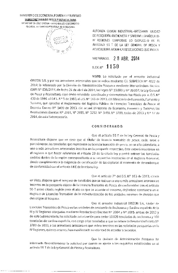 R EX N° 1150-2014 Autoriza Cesión Recurso Anchoveta y Sardina española, III-IV Región.