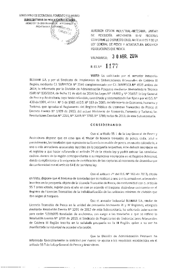 R EX N° 1177-2014 Autoriza Cesión Recurso Anchoveta y Sardina española, III-IV Región.
