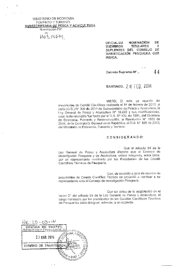 D.S. N° 44-2014 Oficializa Nominación de Miembros Titulares y Suplentes del Consejo de Investigación Pesquera que Indica. (F.D.O. 02-02-2014)