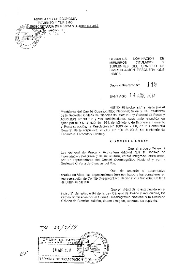D.S. N° 119-2014 Oficializa Nominación de Miembros Titulares y Suplentes del Consejo de Investigación Pesquera que Indica. (F.D.O. 06-05-2014)