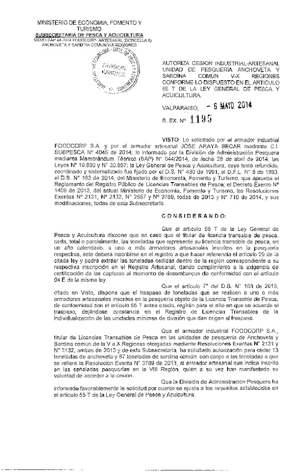 R EX N° 1195-2014 Autoriza Cesión Recurso Anchoveta y Sardina común, V-X Región.