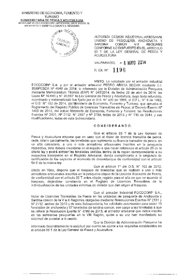 R EX N° 1196-2014 Autoriza Cesión Recurso Anchoveta y Sardina común, V-X Región.