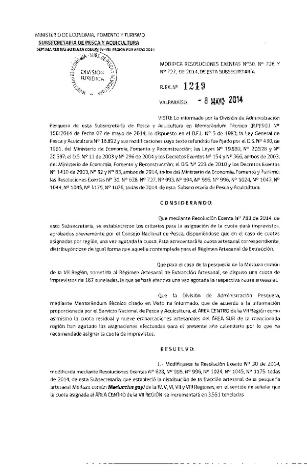 R EX N° 1219-2014 Modifica R EX Nº 30, N° 726 y N° 727, todas de 2014 Distribución de la Fracción artesanal Pesquería de Merluza común IV-VIII Región. (Subida a Pag. Web 08-05-2014)