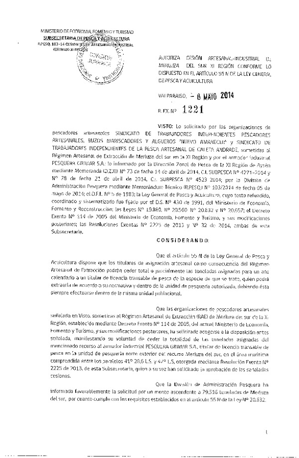 R EX Nº 1221-2014 Autoriza Cesión Recurso Merluza del sur XI Región.