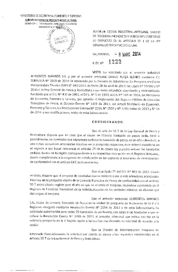 R EX Nº 1222-2014 Autoriza Cesión Recurso Anchoveta V-X Región.