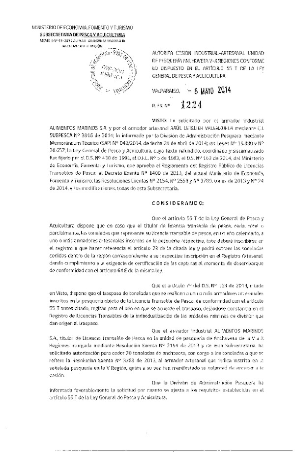 R EX Nº 1223-2014 Autoriza Cesión Recurso Anchoveta V-X Región.