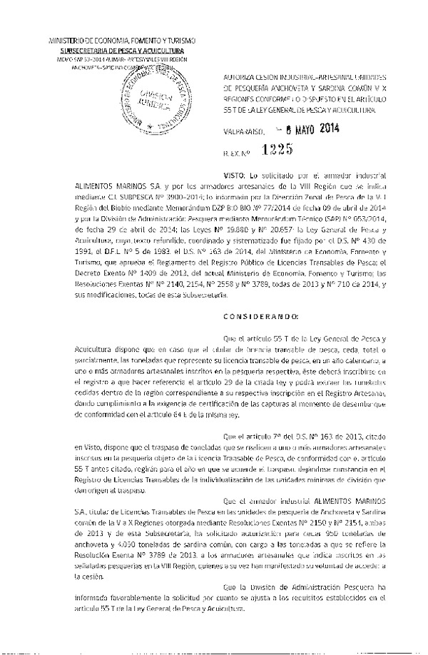 R EX Nº 1225-2014 Autoriza Cesión Recursos Anchoveta y Sardina común V-X Región.