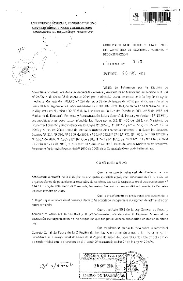 D EX N° 253-2014 Modifica D EX N° 114-2005 Régimen Artesanal de Extracción Merluza del Sur, XI Región. (Subida a Pag. Web 26-05-2014)