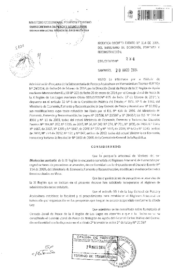 D EX N° 254-2014 Modifica D EX N° 114-2005 Régimen Artesanal de Extracción Merluza del Sur, XI Región. (Subida a Pag. Web 26-05-2014)