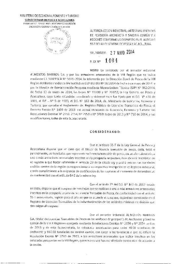 R EX Nº 1404-2014 Autoriza Cesión Recurso Anchoveta y Sardina común V-X a VIII Región.