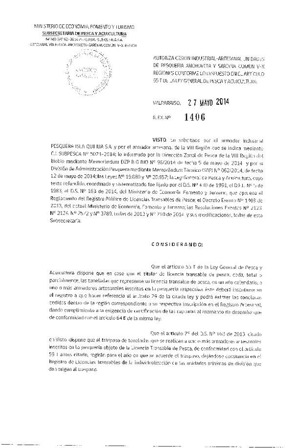 R EX Nº 1406-2014 Autoriza Cesión Recurso Anchoveta y Sardina común V-X a VIII Región.