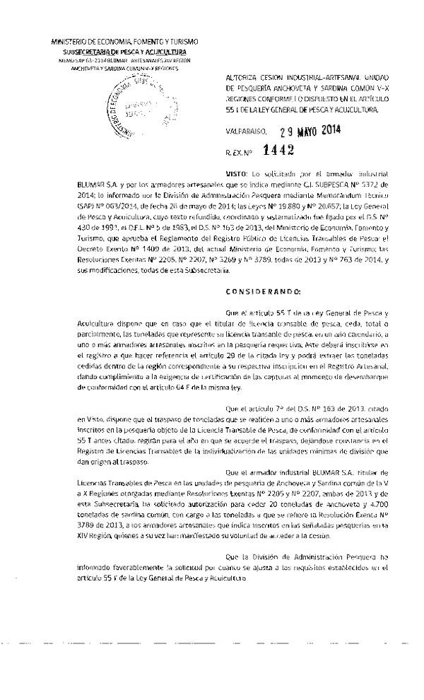 R EX Nº 1442-2014 Autoriza Cesión Recurso Anchoveta y Sardina común V-X a XIV Región.
