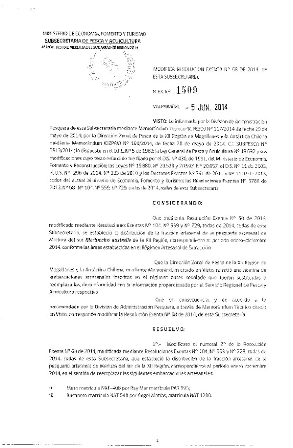 R EX Nº 1509-2014 Modifica R EX Nº 68-2014 Distribución de la fracción artesanal Merluza del sur XII Región. (Subida a Pag. Web 06-06-2014)