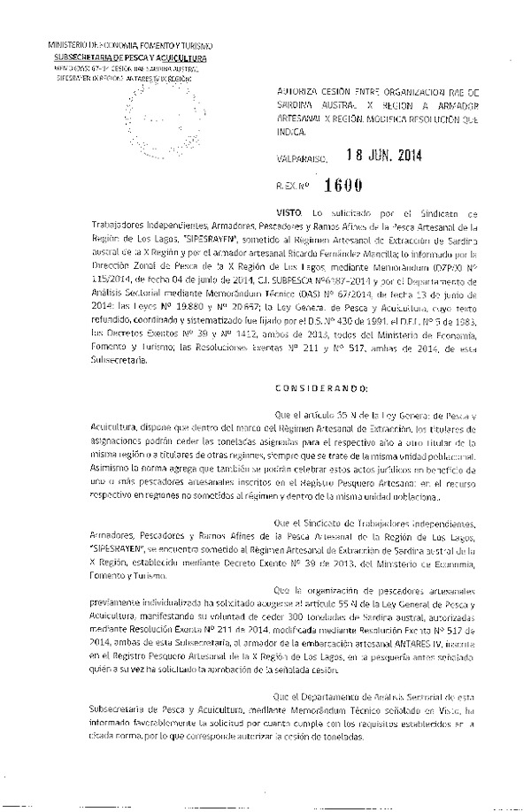 R EX N° 1600-2014 Autoriza Cesión Sardina austral, X a X Región.