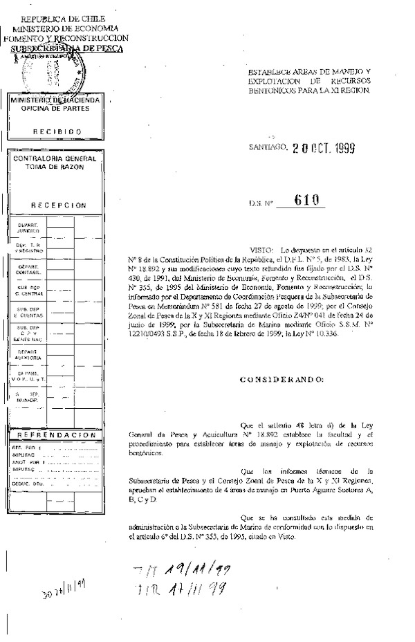 D EX N° 610-1999 Establece Área de manejo Puerto Aguirre Sectores A, B, C y D. XI Región.