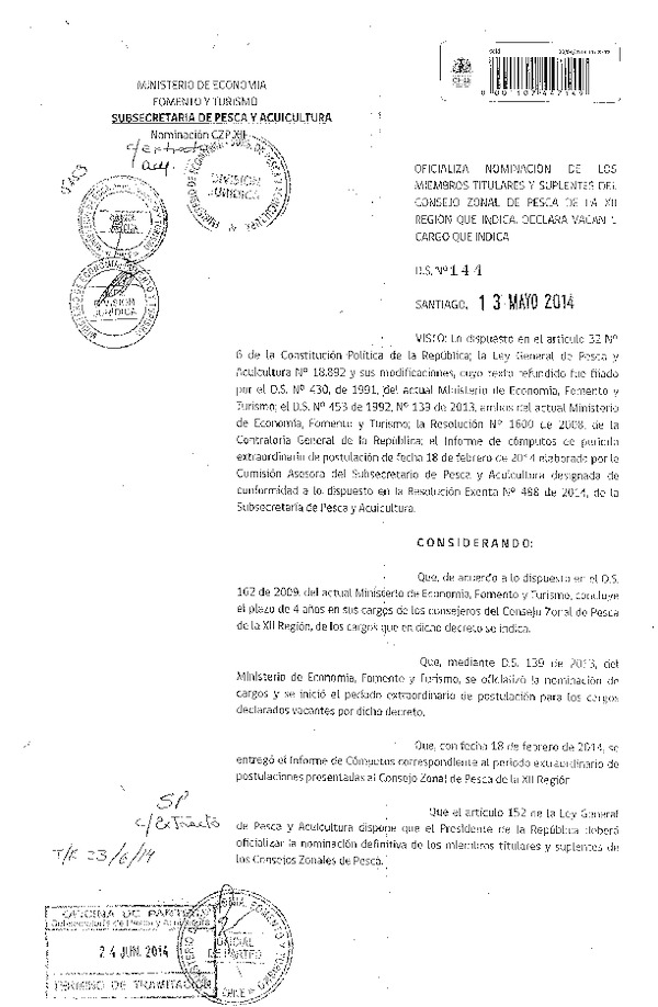 D.S. Nº 144-2014 Oficializa Nominación de Consejeros del Consejo Zonal de Pesca XII Región Declara vacante cargos que indica. (F.D.O. 02-07-2014)